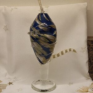 Unique Handblown  Blue, White and Green Glass Candle